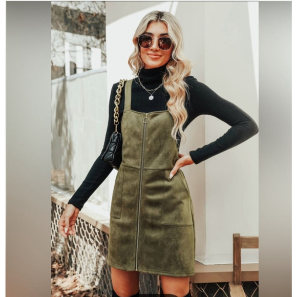 Cupshe Faux Suede Zip Front Jumper Mini Dress in Forest Green NWT - Picture 3 of 7